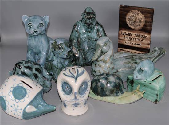 Ten items of David Sharp for Rye pottery money boxes including a duck, dog, owl and snail